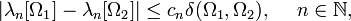 
|\lambda_n[\Omega_1]-\lambda_n[\Omega_2 ]|\le c_n \delta (\Omega_1 , \Omega_2),\ \ \ \ n\in {\mathbb{N}}, 