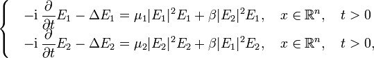 
\begin{cases}
    &\displaystyle -{\rm i}\, \frac{\partial}{\partial t} E_1- \Delta E_1 = \mu_1
    |E_1|^2E_1+\beta |E_2|^2E_1,\quad x\in
    \mathbb{R}^n,\quad t>0\\
    & \displaystyle -{\rm i}\, \frac{\partial}{\partial t} E_2- \Delta E_2 = \mu_2
    |E_2|^2E_2+\beta |E_1|^2E_2,\quad x\in \mathbb{R}^n,\quad t>0,
  \end{cases}
